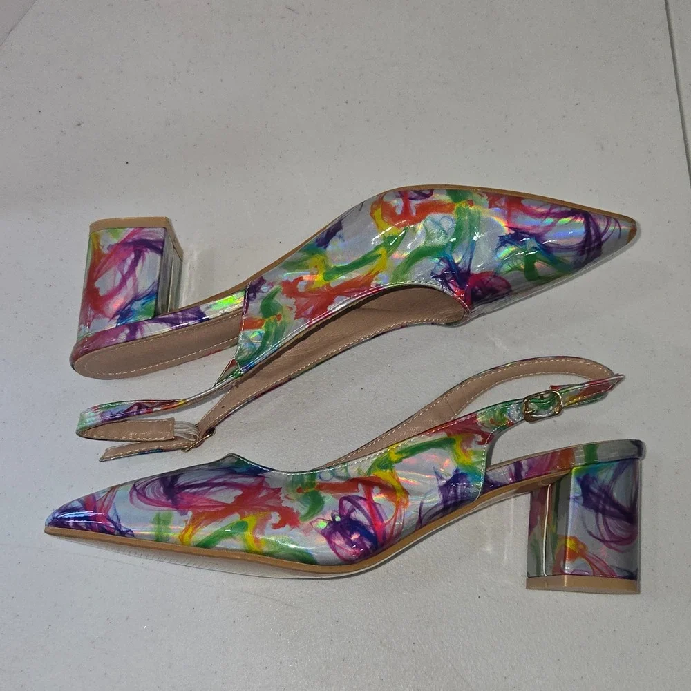 Multicolor Abstract Print Slingback Pumps Pointed Toe Block Heel Shoes Size 42